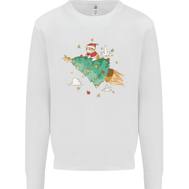 Christmas Cat Space Rocket Xmas Tree Ship Kids Sweatshirt Jumper White