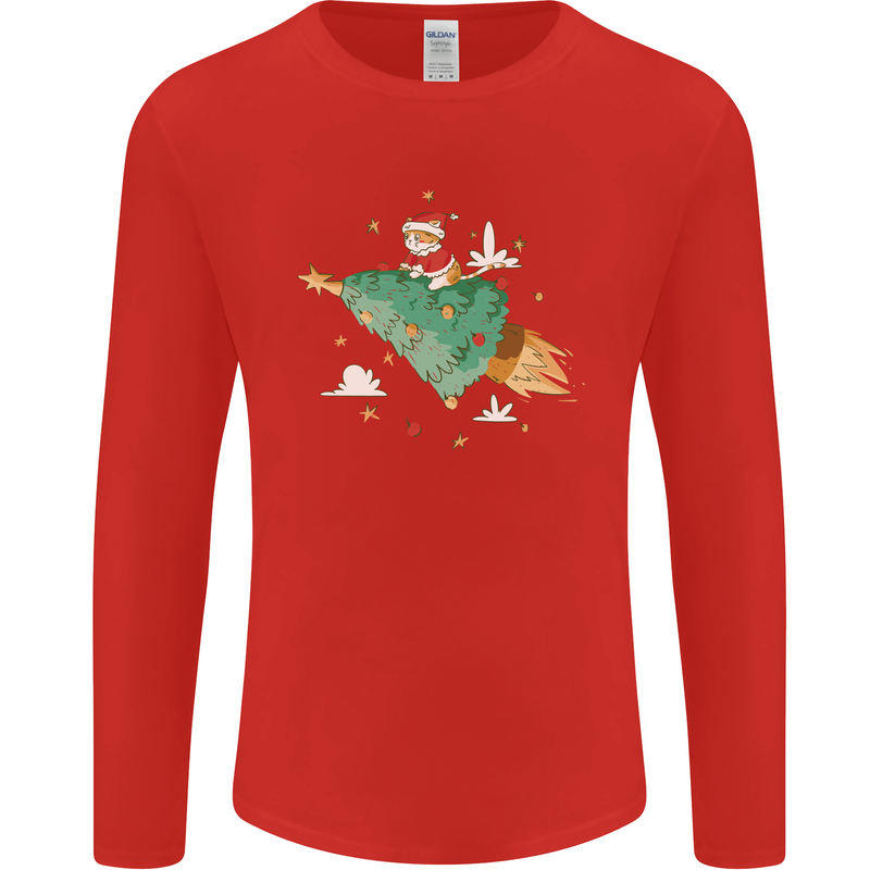 Christmas Cat Space Rocket Xmas Tree Ship Mens Long Sleeve T-Shirt Red