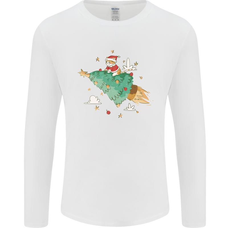 Christmas Cat Space Rocket Xmas Tree Ship Mens Long Sleeve T-Shirt White