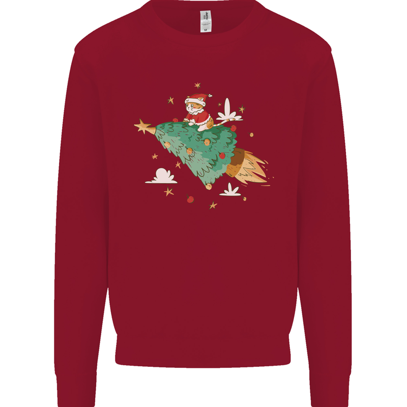 Christmas Cat Space Rocket Xmas Tree Ship Mens Sweatshirt Jumper Red