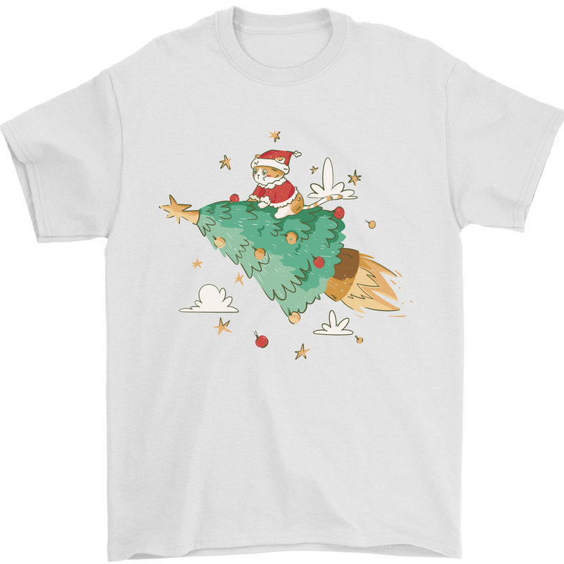 Christmas Cat Space Rocket Xmas Tree Ship Mens T-Shirt 100% Cotton White