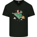 Christmas Cat Space Rocket Xmas Tree Ship Mens V-Neck Cotton T-Shirt Black