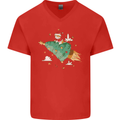 Christmas Cat Space Rocket Xmas Tree Ship Mens V-Neck Cotton T-Shirt Red