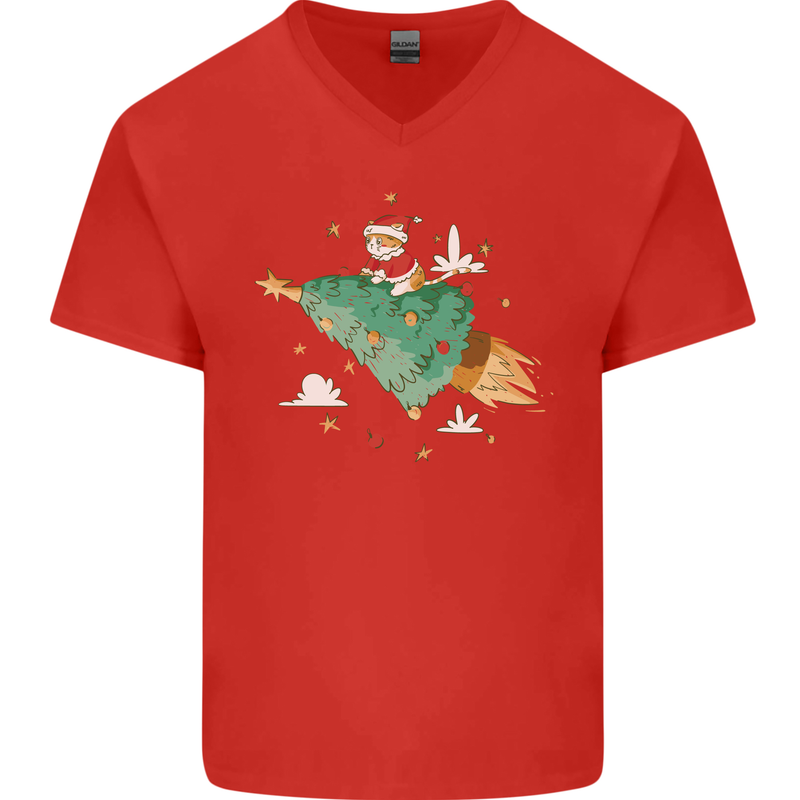 Christmas Cat Space Rocket Xmas Tree Ship Mens V-Neck Cotton T-Shirt Red