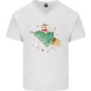 Christmas Cat Space Rocket Xmas Tree Ship Mens V-Neck Cotton T-Shirt White