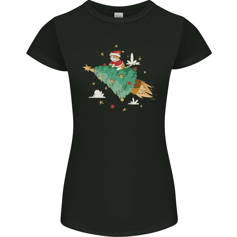 Christmas Cat Space Rocket Xmas Tree Ship Womens Petite Cut T-Shirt Black