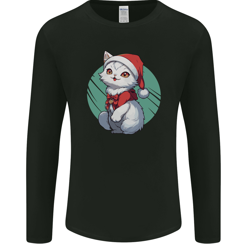Christmas Cat With Green Background Mens Long Sleeve T-Shirt Black