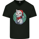 Christmas Cat With Green Background Mens V-Neck Cotton T-Shirt Black