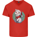 Christmas Cat With Green Background Mens V-Neck Cotton T-Shirt Red