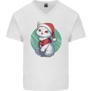 Christmas Cat With Green Background Mens V-Neck Cotton T-Shirt White