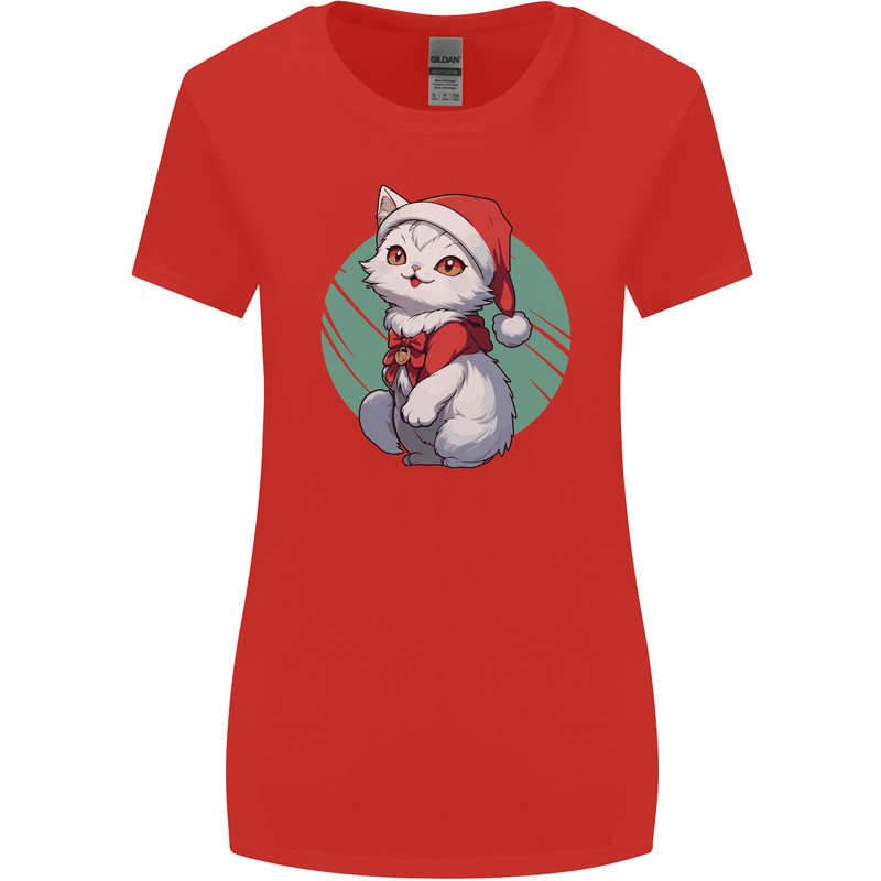 Christmas Cat With Green Background Womens Wider Cut T-Shirt Red