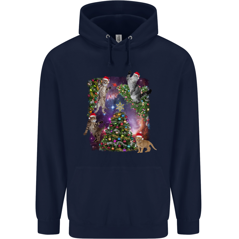Christmas Cats and Tree Mens 80% Cotton Hoodie Navy Blue