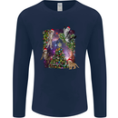 Christmas Cats and Tree Mens Long Sleeve T-Shirt Navy Blue