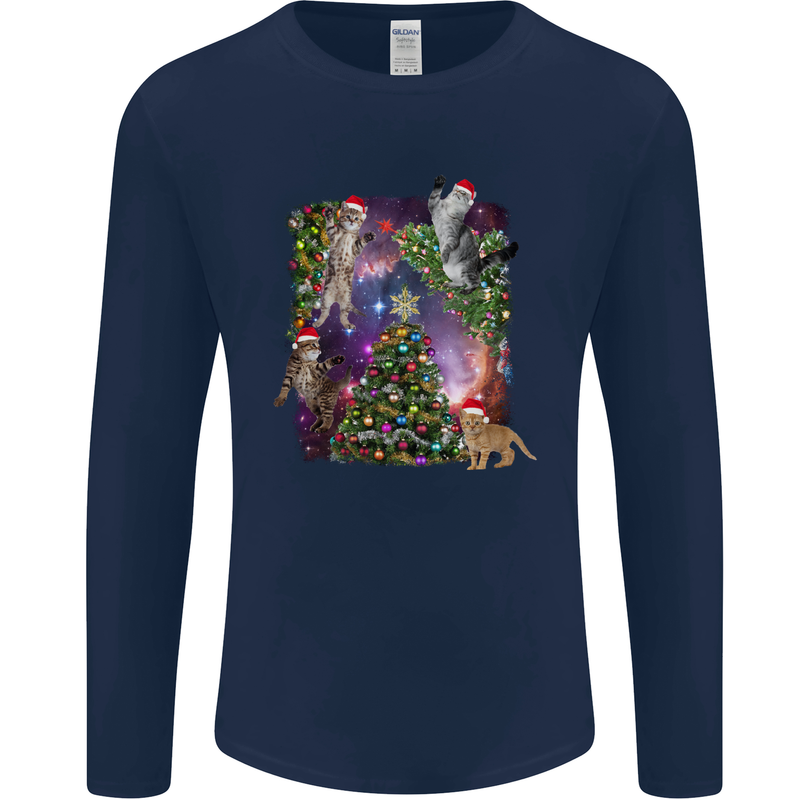 Christmas Cats and Tree Mens Long Sleeve T-Shirt Navy Blue