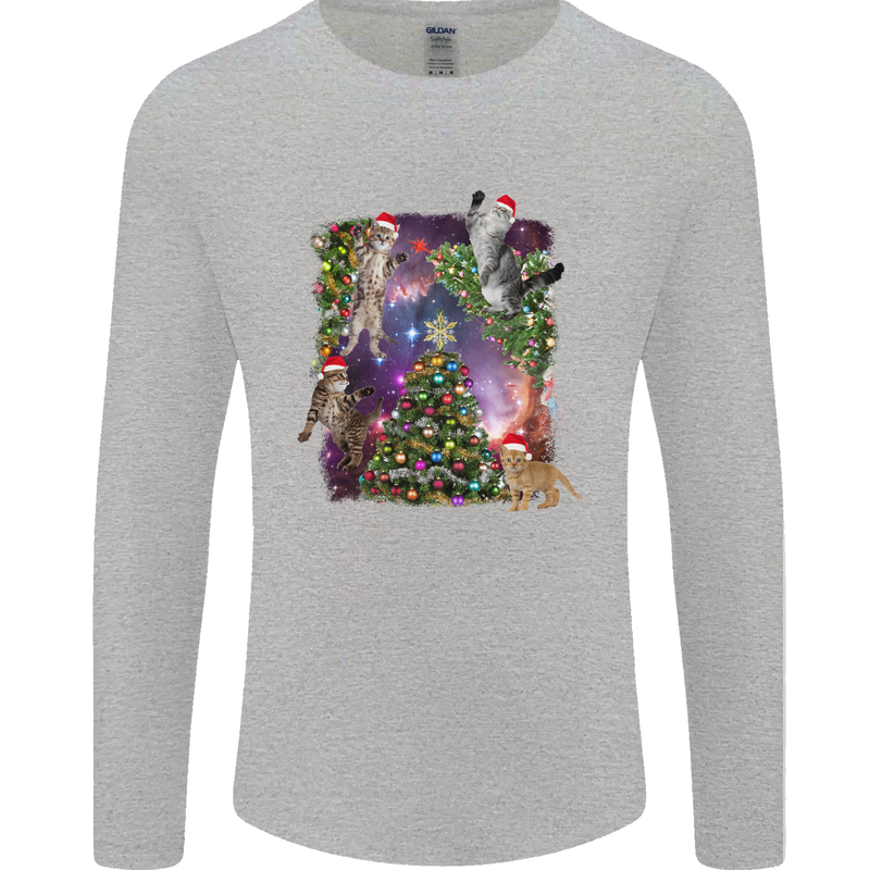 Christmas Cats and Tree Mens Long Sleeve T-Shirt Sports Grey