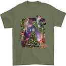 Christmas Cats and Tree Mens T-Shirt 100% Cotton Military Green
