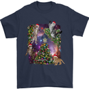 Christmas Cats and Tree Mens T-Shirt 100% Cotton Navy Blue