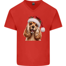 Christmas Cocker Spaniel Xmas Hat Dog Mens V-Neck Cotton T-Shirt Red