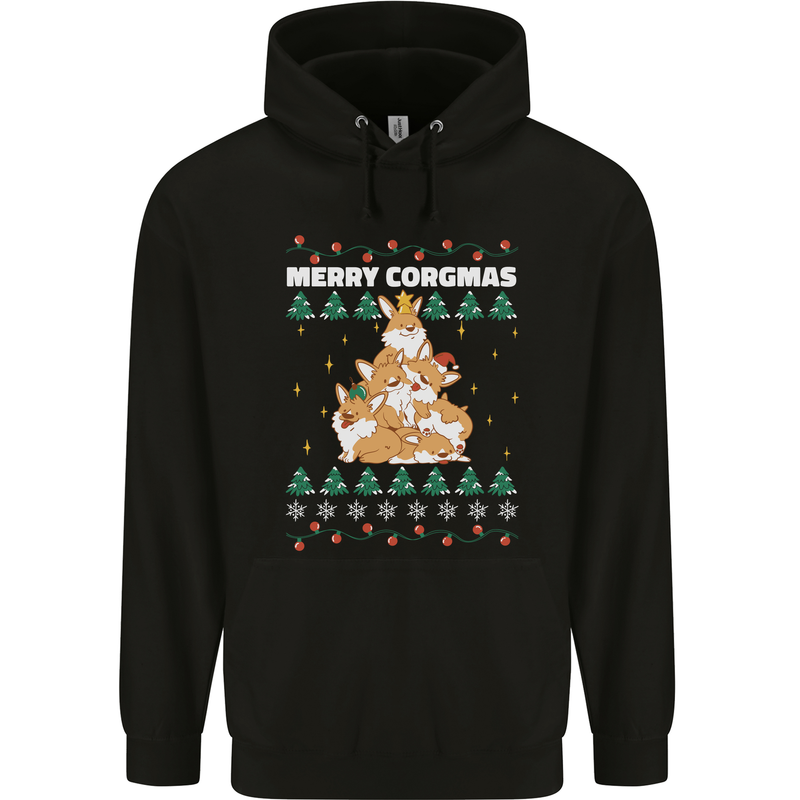 Christmas Corgi Dog Tree Xmas Childrens Kids Hoodie Black