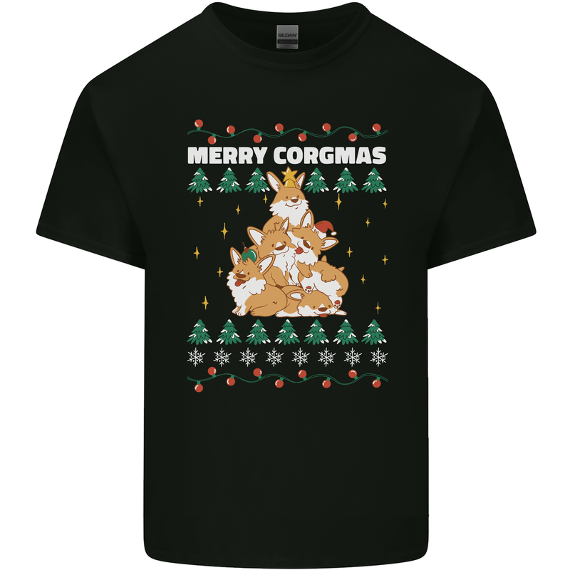Christmas Corgi Dog Tree Xmas Mens Cotton T-Shirt Tee Top Black