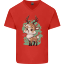 Christmas Cute Reindeer Xmas Mens V-Neck Cotton T-Shirt Red