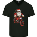 Christmas Cycling Santa Claus Bicycle Mens V-Neck Cotton T-Shirt Black