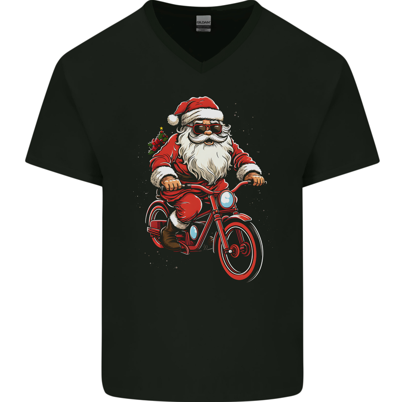 Christmas Cycling Santa Claus Bicycle Mens V-Neck Cotton T-Shirt Black