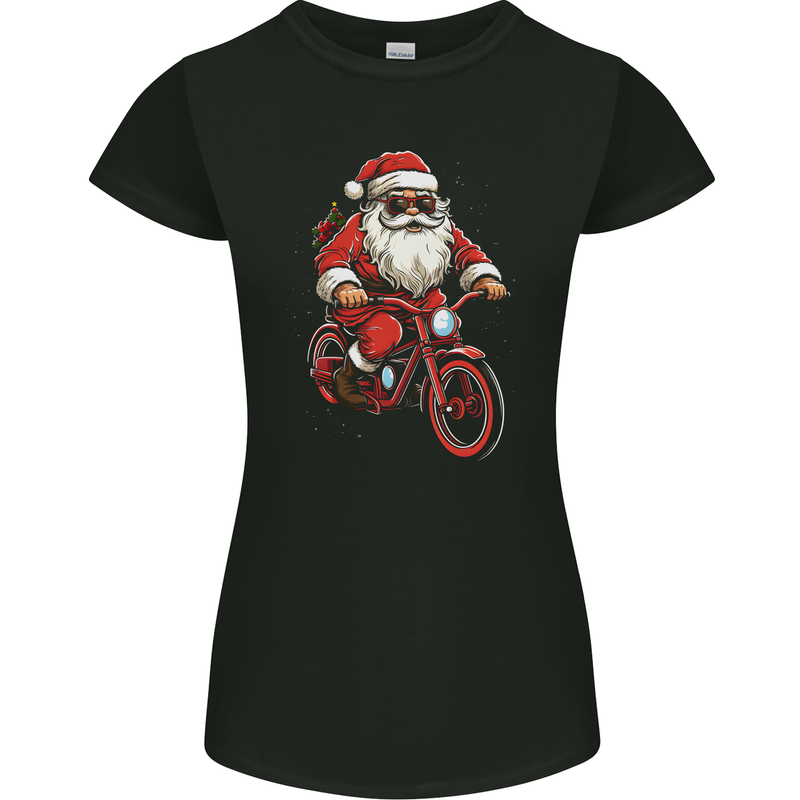 Christmas Cycling Santa Claus Bicycle Womens Petite Cut T-Shirt Black