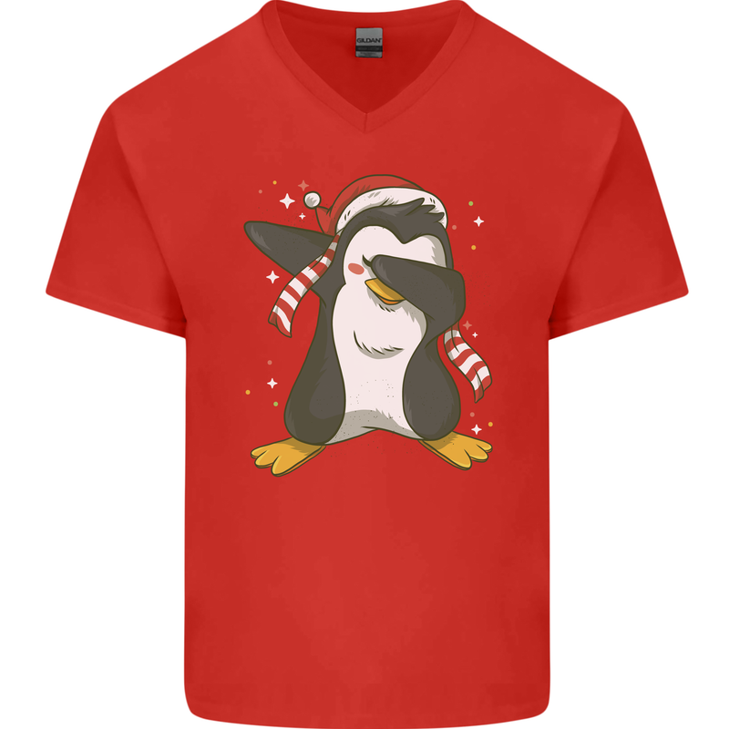 Christmas Dabbing Penguin Funny Xmas Mens V-Neck Cotton T-Shirt Red