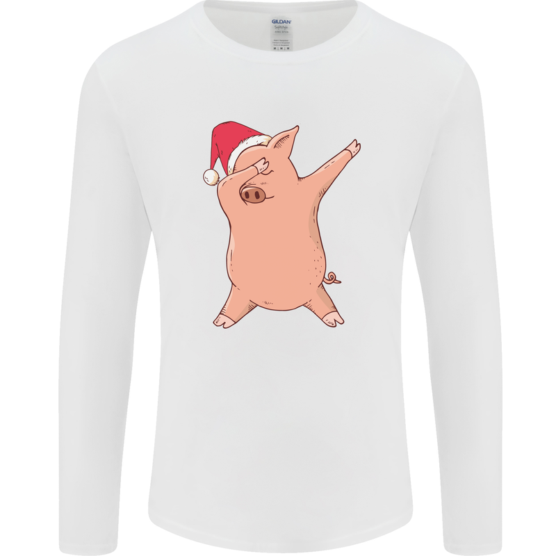 Christmas Dabbing Pig Wearing an Xmas Hat Mens Long Sleeve T-Shirt White
