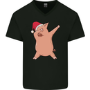 Christmas Dabbing Pig Wearing an Xmas Hat Mens V-Neck Cotton T-Shirt Black