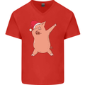Christmas Dabbing Pig Wearing an Xmas Hat Mens V-Neck Cotton T-Shirt Red