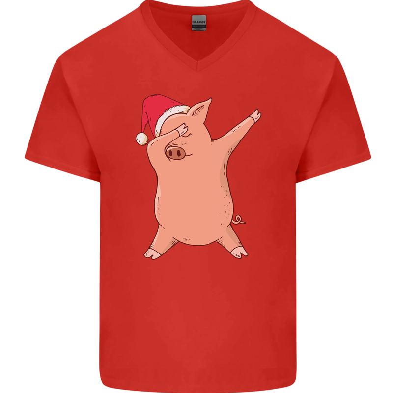 Christmas Dabbing Pig Wearing an Xmas Hat Mens V-Neck Cotton T-Shirt Red