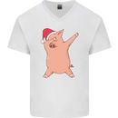 Christmas Dabbing Pig Wearing an Xmas Hat Mens V-Neck Cotton T-Shirt White