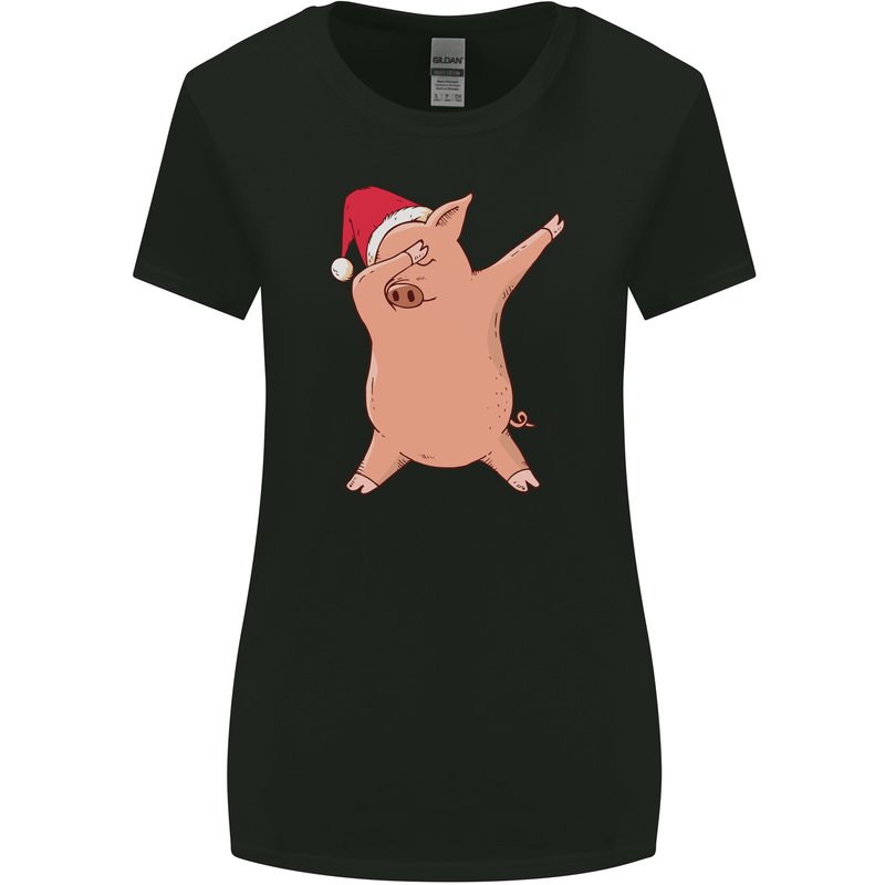 Christmas Dabbing Pig Wearing an Xmas Hat Womens Wider Cut T-Shirt Black