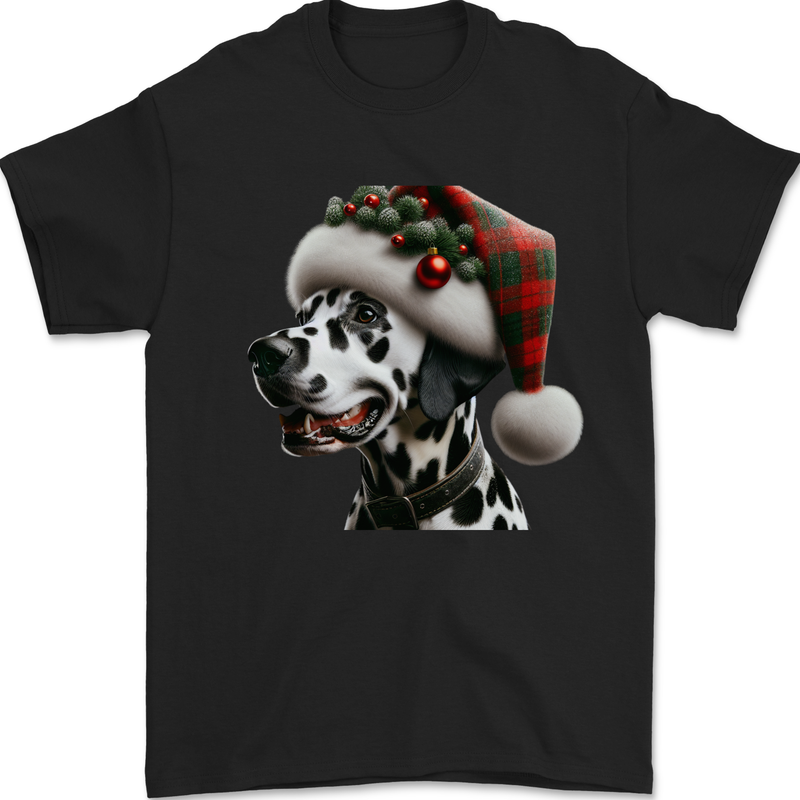 Christmas Dalmatian Dog Wearing a Xmas Hat Mens T-Shirt 100% Cotton Black