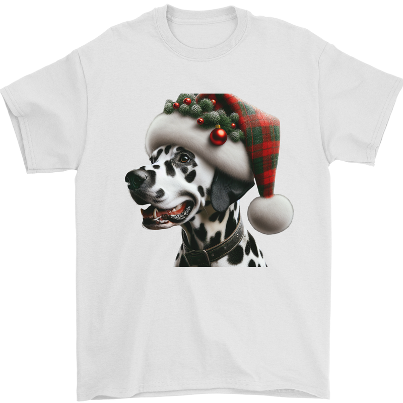 Christmas Dalmatian Dog Wearing a Xmas Hat Mens T-Shirt 100% Cotton White