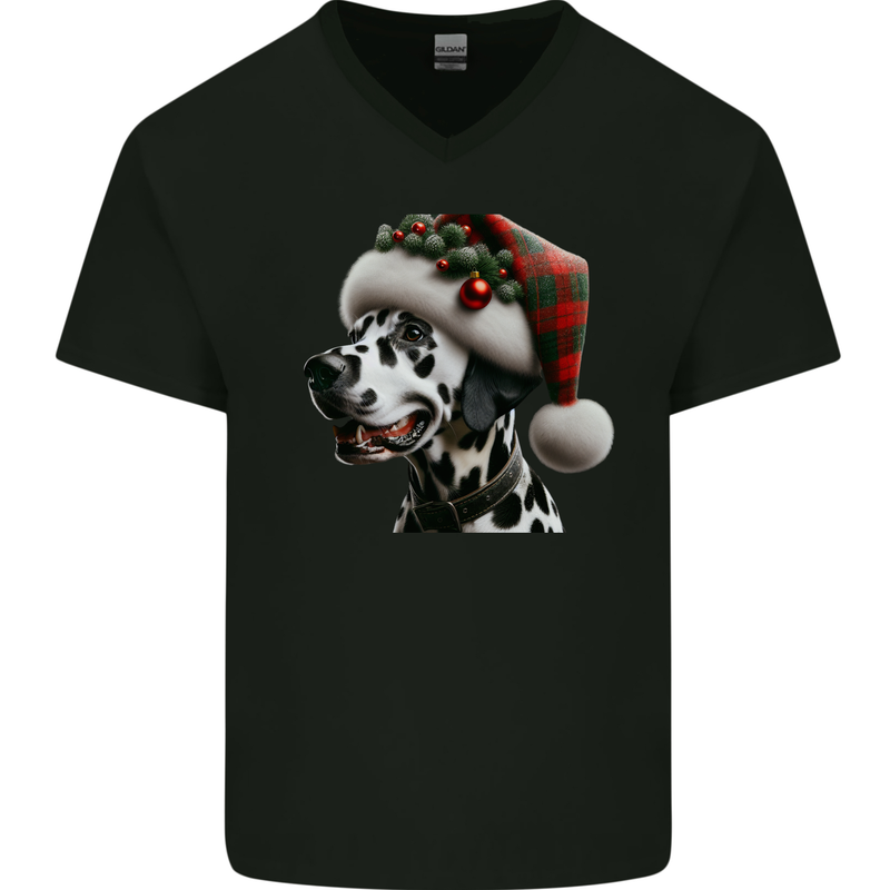 Christmas Dalmatian Dog Wearing a Xmas Hat Mens V-Neck Cotton T-Shirt Black