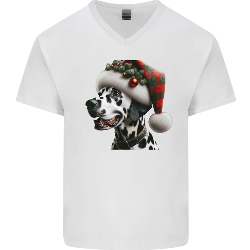 Christmas Dalmatian Dog Wearing a Xmas Hat Mens V-Neck Cotton T-Shirt White
