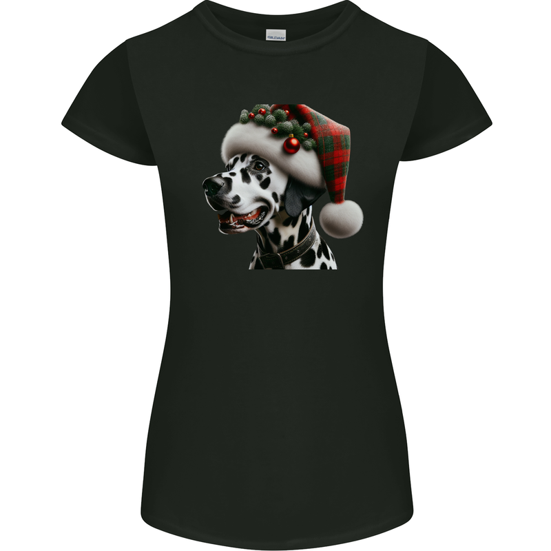 Christmas Dalmatian Dog Wearing a Xmas Hat Womens Petite Cut T-Shirt Black