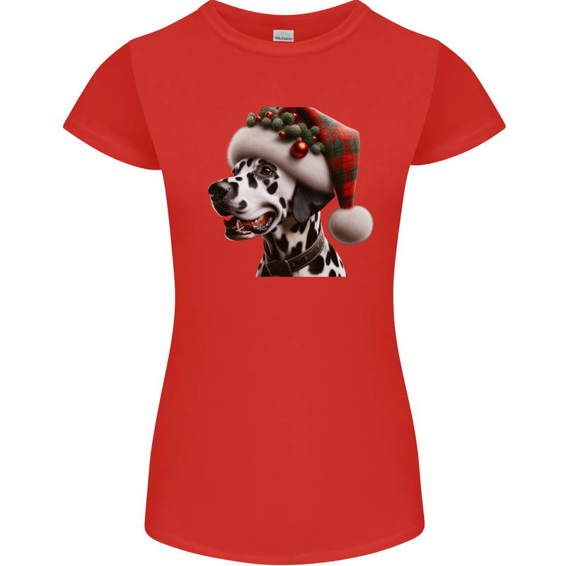 Christmas Dalmatian Dog Wearing a Xmas Hat Womens Petite Cut T-Shirt Red