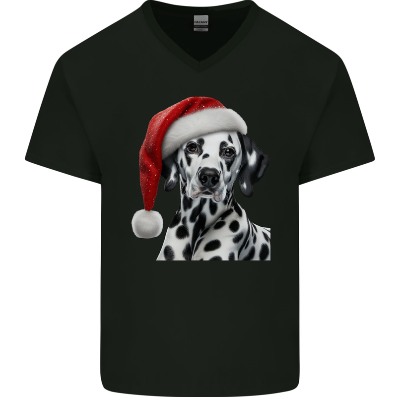 Christmas Dalmatian Wearing a Xmas Hat Dog Mens V-Neck Cotton T-Shirt Black