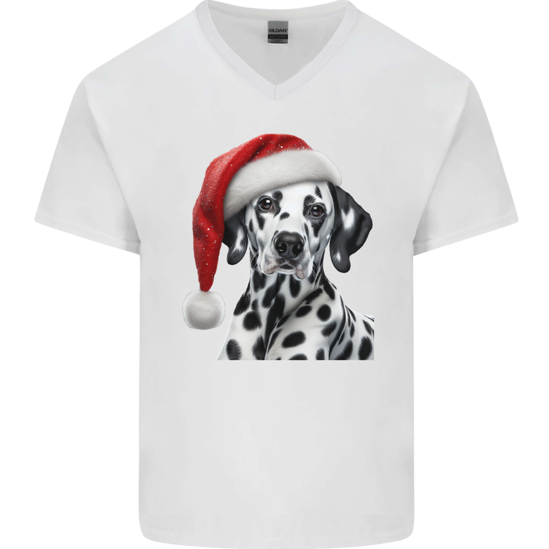 Christmas Dalmatian Wearing a Xmas Hat Dog Mens V-Neck Cotton T-Shirt White