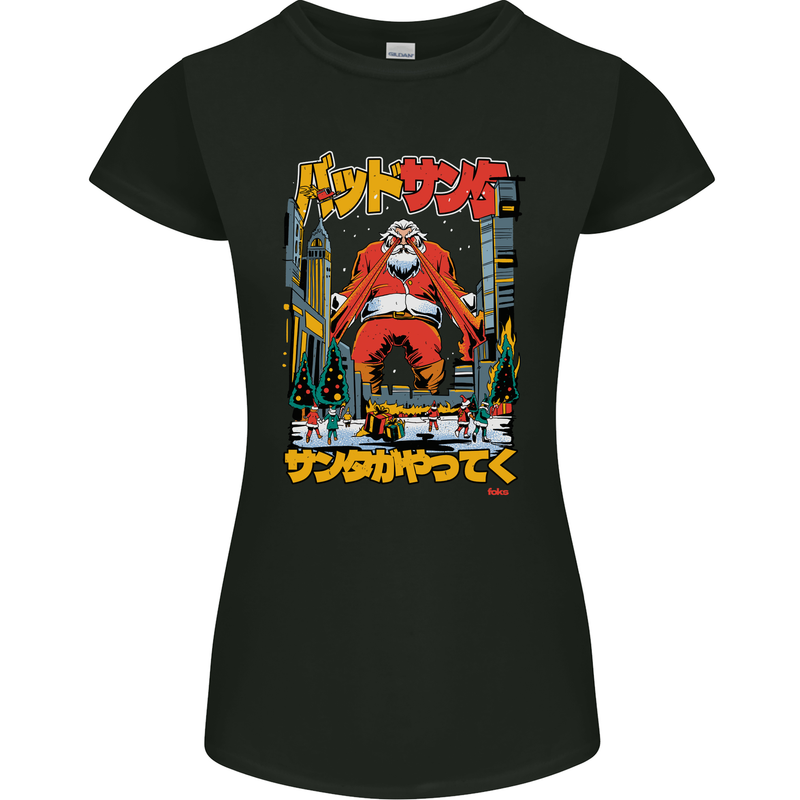 Christmas Destructive Santa Japan Anime Xmas Womens Petite Cut T-Shirt Black