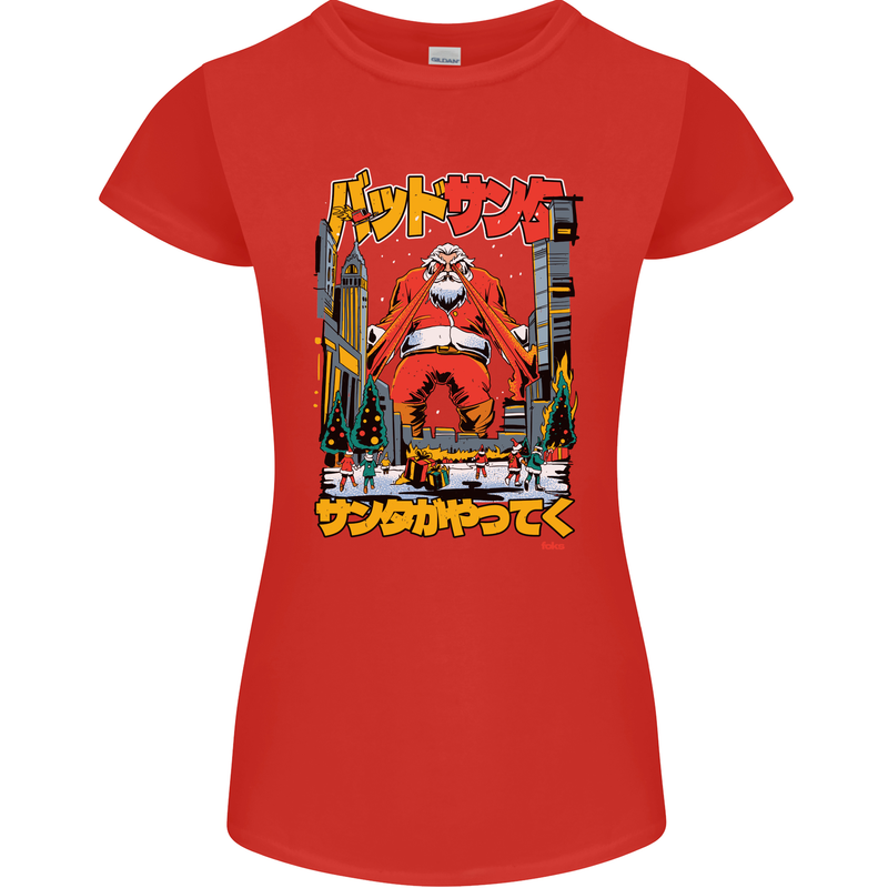 Christmas Destructive Santa Japan Anime Xmas Womens Petite Cut T-Shirt Red