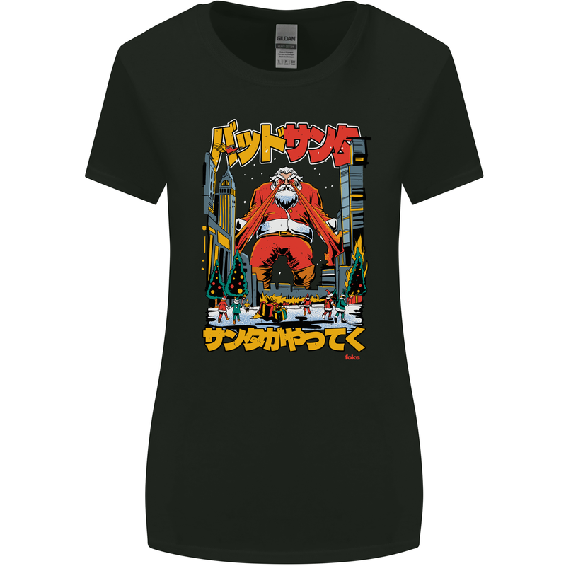Christmas Destructive Santa Japan Anime Xmas Womens Wider Cut T-Shirt Black