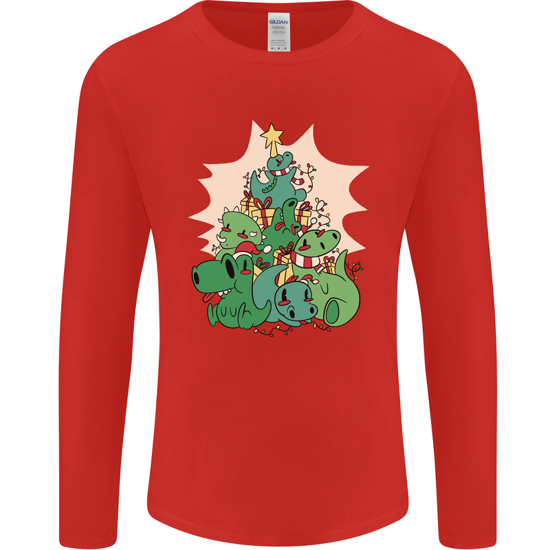 Christmas Dinosaur Xmas Tree T-Rex Funny Mens Long Sleeve T-Shirt Red