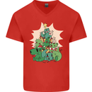 Christmas Dinosaur Xmas Tree T-Rex Funny Mens V-Neck Cotton T-Shirt Red