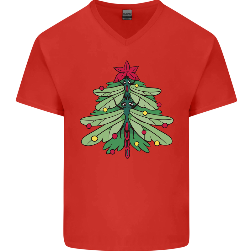 Christmas Dragonfly Xmas Tree Mens V-Neck Cotton T-Shirt Red