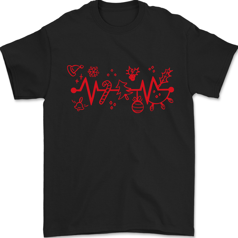 Christmas ECG Xmas Heartbeat Love Heart Mens T-Shirt 100% Cotton Black